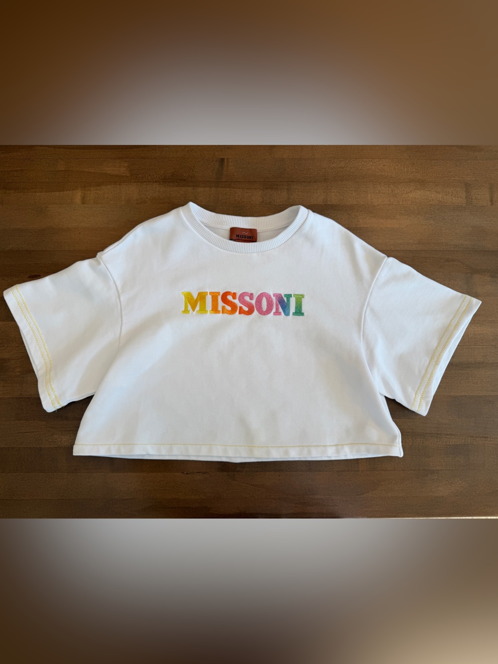Missoni Girls' White Cropped Logo Tee with Rainbow Embroidery